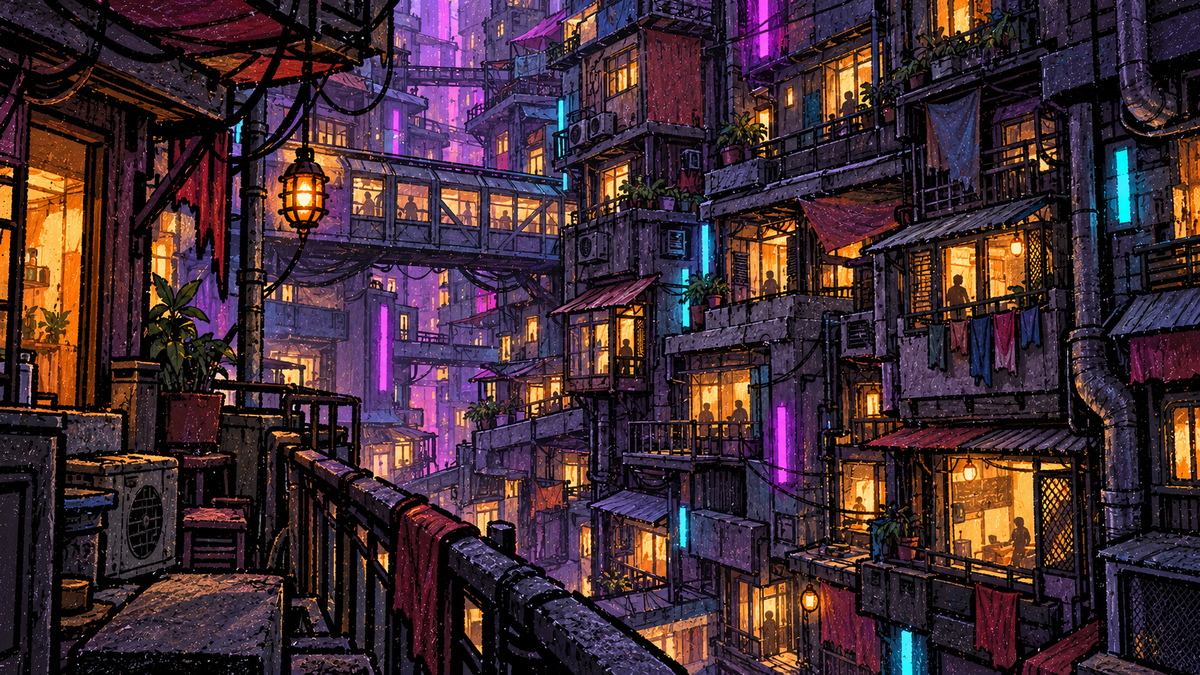 Densely built cyberpunk city levels with improvised homes, narrow bridges, cables and illuminated windows.
