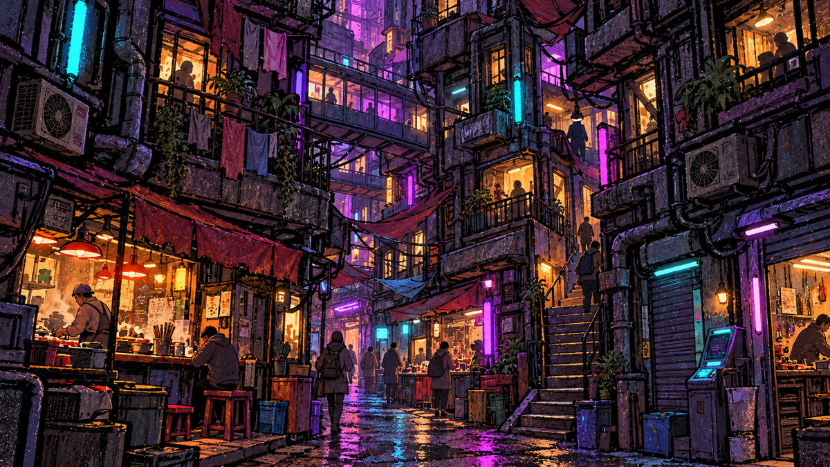 A narrow covered passage lined with repair shops and small stalls, with residential balconies above the pedestrians.