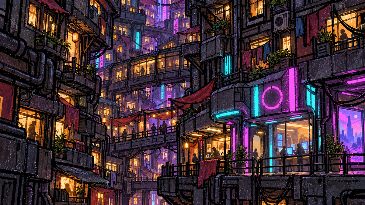 A crowded city junction where corporate terminals and neon panels sit among old shops and tightly packed homes.